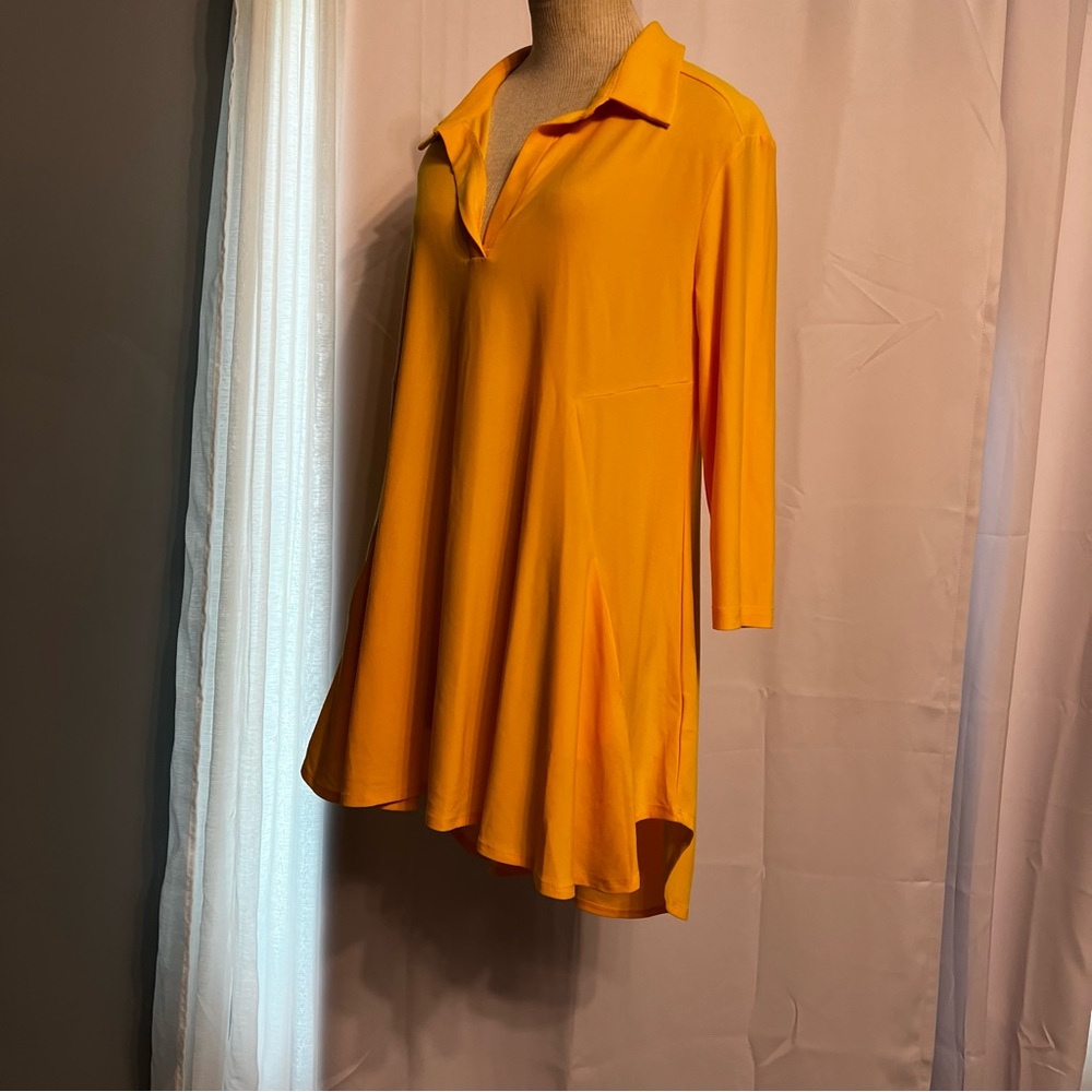 Women’s Yellow Tunic Dress Collared With Pockets Stretch Size Med Long Sleeves